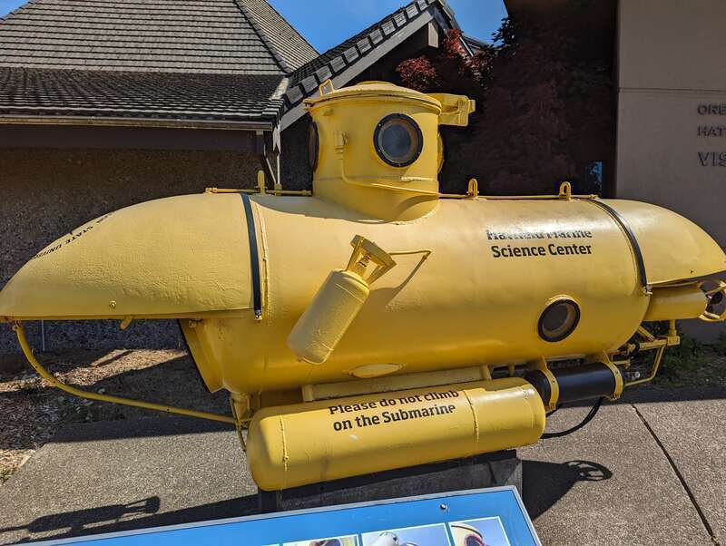 An image of the &quot;Newmas&quot; two-man yellow submarine, located on display outside Oregon State University's Hatfield Marine Science Center in Newport, OR.