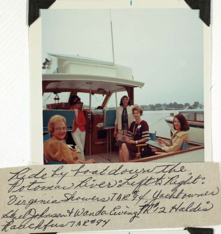 1969 Powder Puff Derby participants Wanda Ewing, Hazel Johnson, Virginia Showers, and Haldis Rauchfus on Potomac River boat tour.
3.5x3.5 color photograph. Image from a scrapbook album belonging to Hazel Smothers, whose aviation highlights include