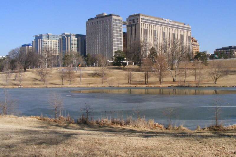 Jefferson Lake in Forest Park in St. Louis, looking toward Barnes-Jewish Hospital.