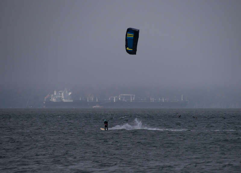 A kite surfer in San Francisco Bay near Crissy Field.