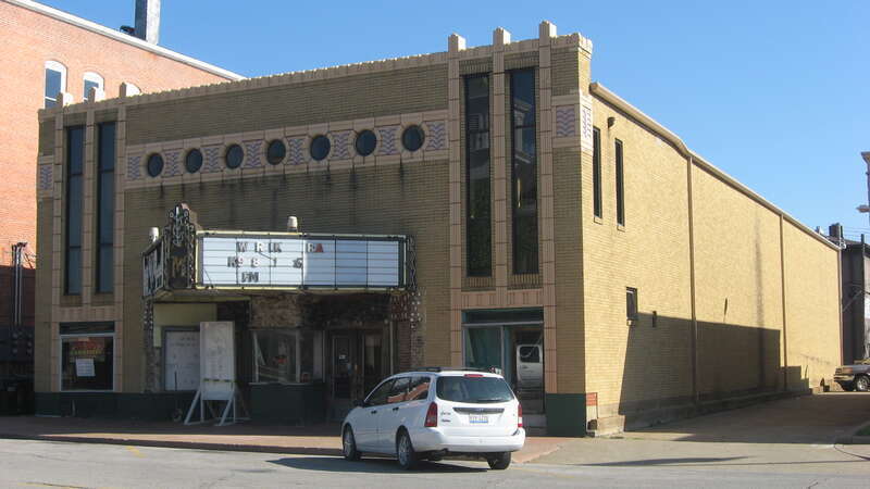 Front and eastern side of the Massac Theatre, located at 119 W. Fifth Street in Metropolis, Illinois, United States.  It was built in 1938.