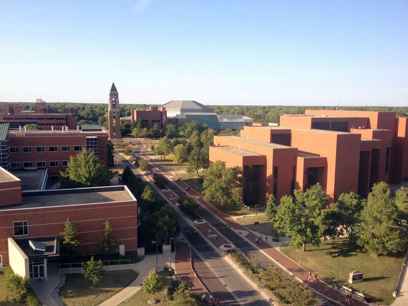 View of the McKinley Avenue corridor as it cuts through Ball State University. This photo was captured from the ninth floor of the Teachers College Building in August 2014, looking northeast.