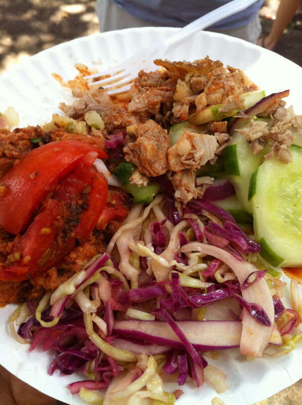 My plate at Pig &amp;amp; Punch, Tales of the Cocktail New Orleans. Clockwise, from left: Panzanella, choppped roasted pork (fresh off the pig), cool cucumber salad and slaw.