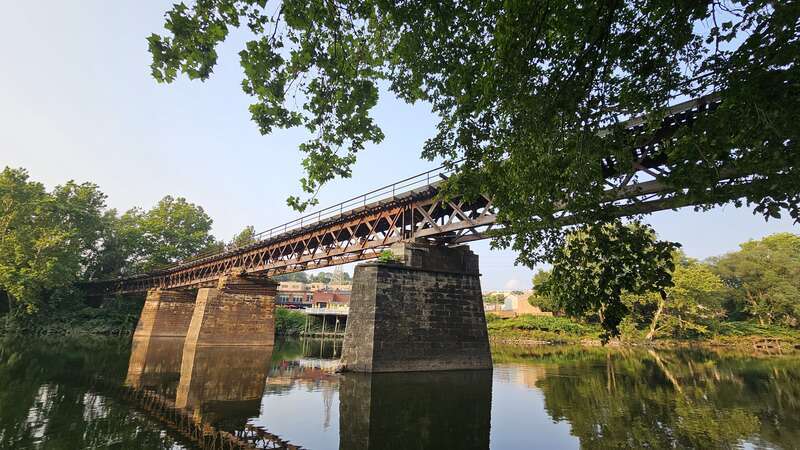 The Philadelphia and Reading Railroad Mule Bridge, as seen from the right bank of the Schuylkill River in 2023