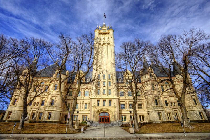 View of the front of the Spokane County Courthouse along W Broadway Avenue in March 2017