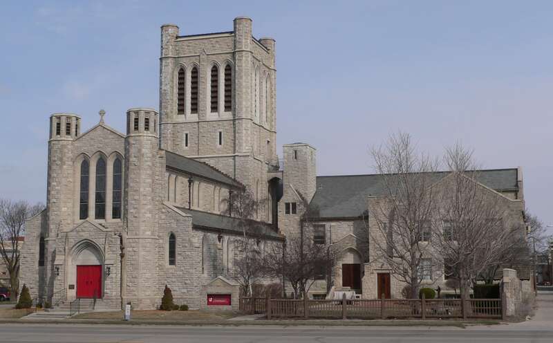 St. Mark's Episcopal Pro-Cathedral at 4th and Burlington in Hastings, Nebraska; seen from the west.  The building was designed in Late Gothic Revival style in 1919 by architect Ralph Adams Cram, and built over the course of the next decade; the