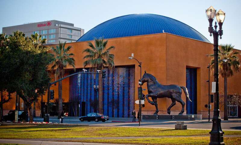 The Tech Museum in downtown San Jose. As seen from Cesar Chavez Park.