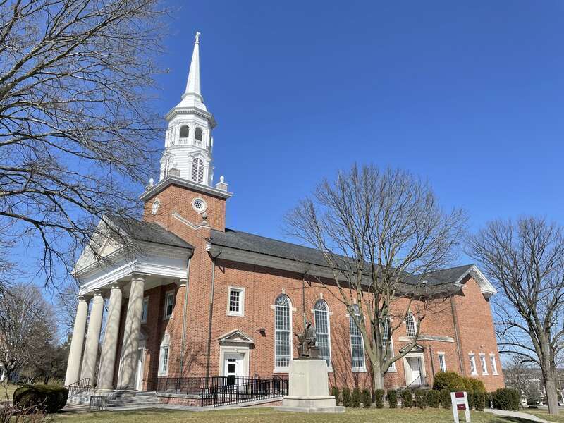 The Church of the Abiding Presence, the campus chapel of the United Lutheran Seminary-Gettysburg (formerly the Lutheran Theological Seminary at Gettysburg), in March 2021. Note the mask on the statue of Martin Luther, a result of the COVID-19