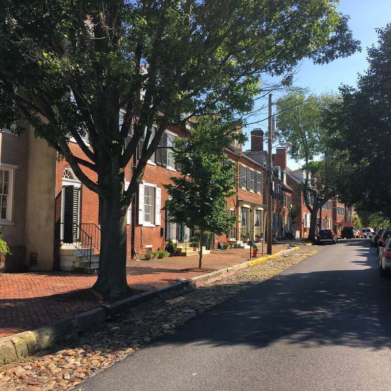 Historic street along the Delaware River, with colonial and federal era houses. New Castle, DE