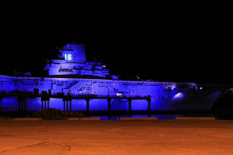 The USS Lexington (CV-16) in Corpus Christi, Texas, United States at night.