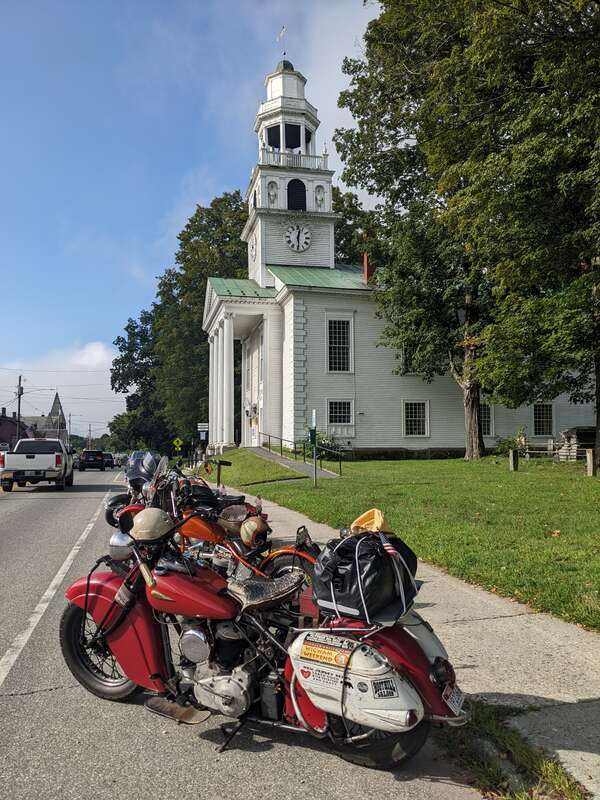 Vintage motorcycles at Old South Church, 146 Main Street in downtown Windsor, Vermont.