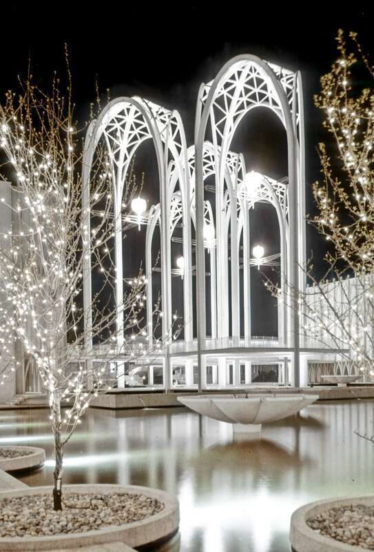 Seattle World's Fair (Century 21 Exposition) Science Pavilion at night, 1962. Later known as Pacific Science Center.