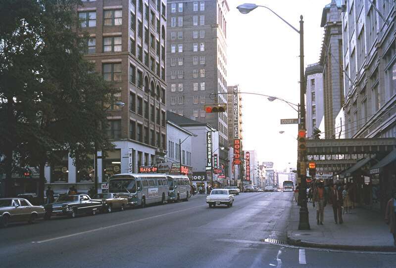 Late afternoon shot in the main street of Memphis, Tennessee. Taken on Kodachrome on 11 Nov 1971.