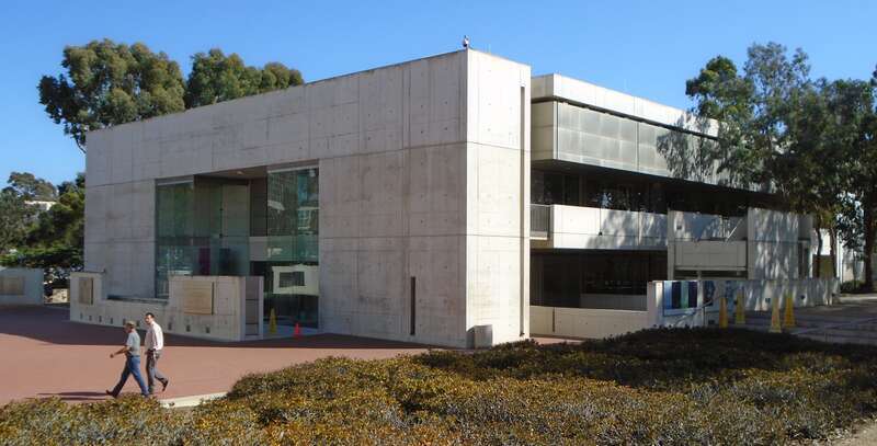 The south wing building of the Salk Institute at 10010 North Torrey Pines Road in La Jolla, San Diego, California. The institute was founded in 1960 by Jonas Salk, and its headquarters was built in 1966, and was designed by Louis Kahn in the