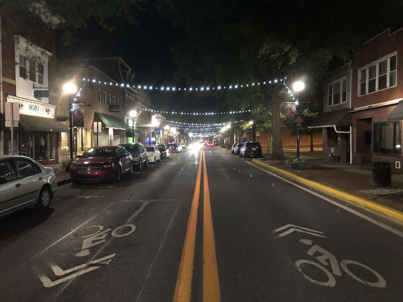 Night view eastward along Loockerman Street at U.S. Route 13 Alternate (Governors Avenue) in Dover, Kent County, Delaware