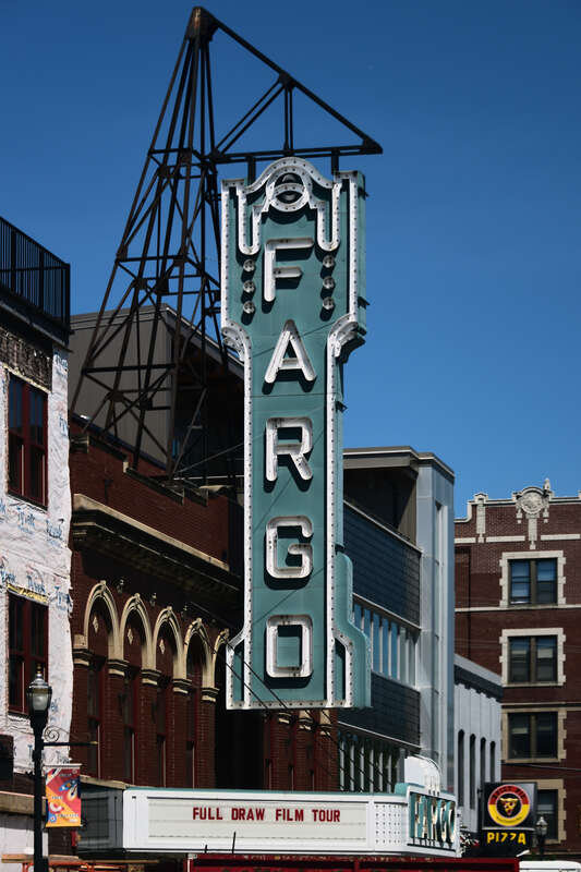 The marquee of a 1920s movie theater in downtown Fargo, North Dakota.
