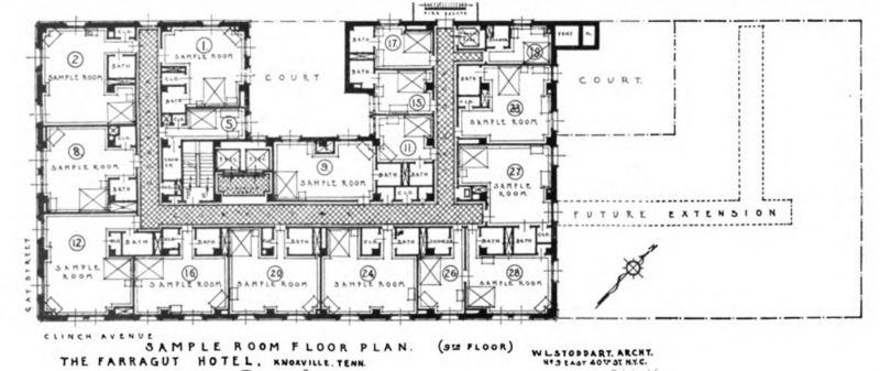 Original ninth floor plan of Hotel Farragut, now &quot;Hyatt Place Knoxville&quot;. 530 South Gay Street at West Clinch Avenue, Knoxville, Tennessee. Built 1919. Major alterations to the floor plan have since been made. This floor plan was labeled &quot;Sample Room