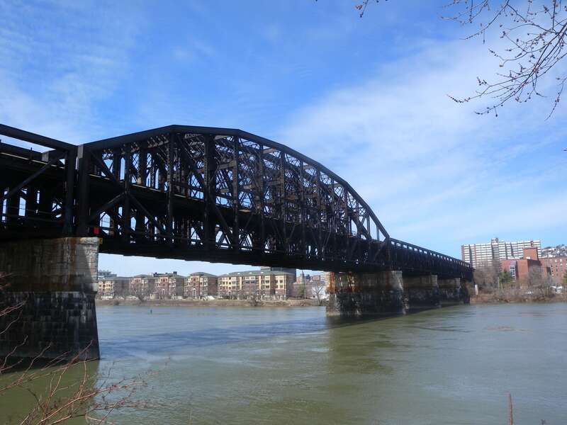 Looking northwest at Ft Wayne bridge on a mostly sunny midday.