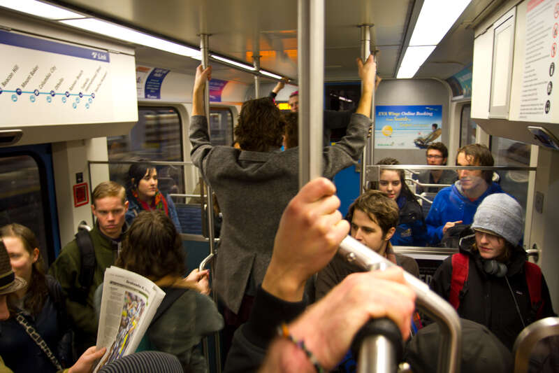 Norman, this was the half of the car that was less full.  The other half was closer to the stairs and more people jammed in there instead of walking further down the platform.  I know, people are silly.

ST seemed to be running single car trains all