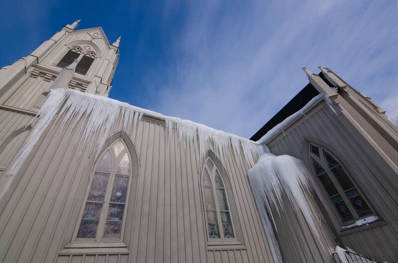 I went back today to this church to take a few more icicle shots using a wider angle lens.  This is a HDR .  I also loaded a BW version.