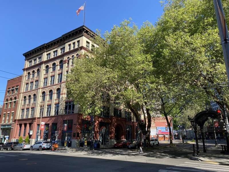 Mutual Life Building in 2020 with the Pergola visible on the right.