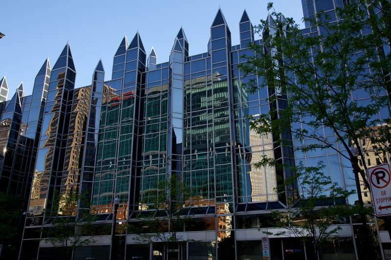 Guess what kind of a building Pittsburgh Plate Glass (now PPG Industries) would build for its headquarters?  One PPG Place is actually six buildings all sheathed in this black reflective glass and was completed in 1984.