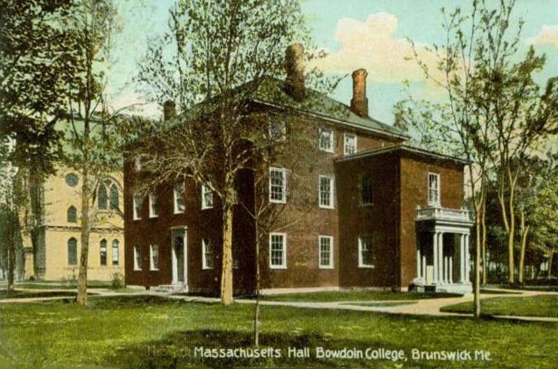 Postcard showing the front of Massachusetts Hall, located on the campus of Bowdoin College in Brunswick, Maine, United States.  Built in 1798, it is listed on the National Register of Historic Places.