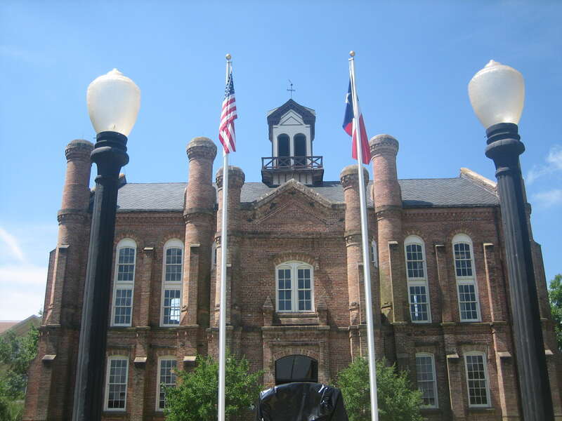 The historic Shelby County Courthouse in Center, Texas, United States.  (Surrounded by Texas State Highway 7.)