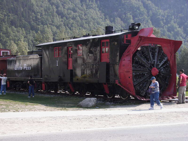 Railway rotary snowplow on Broadway near Second Avenue in Skagway, Alaska.
