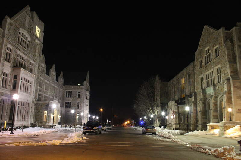 South Hall and Hutchins Hall, University of Michigan Law School, Monroe Street at Oakland Avenue, Ann Arbor, Michigan. Although identical in architectural style, the two buildings were built nearly 80 years apart. South Hall, (left), was dedicated in