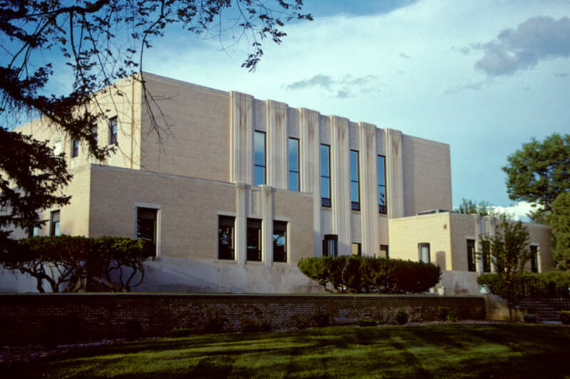 Front of the Stark County Courthouse, located along Third Street North in Dickinson, North Dakota, United States.  Built in 1936, it is listed on the National Register of Historic Places.