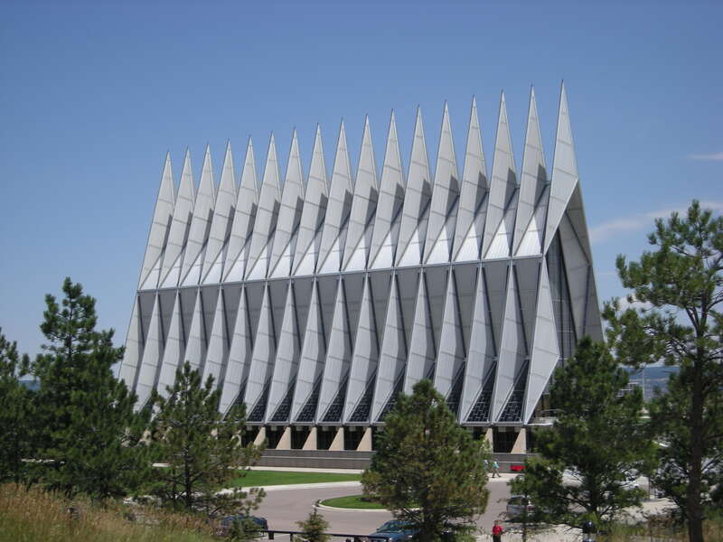 The exterior of the Cadet Chapel on the campus of the United States Air Force Academy in Colorado Springs, Colorado (United States).