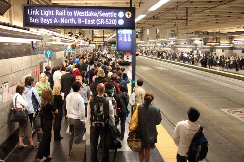 Rush hour crowding on the northbound platform of University Street Station in the Downtown Seattle Transit Tunnel in Downtown Seattle.