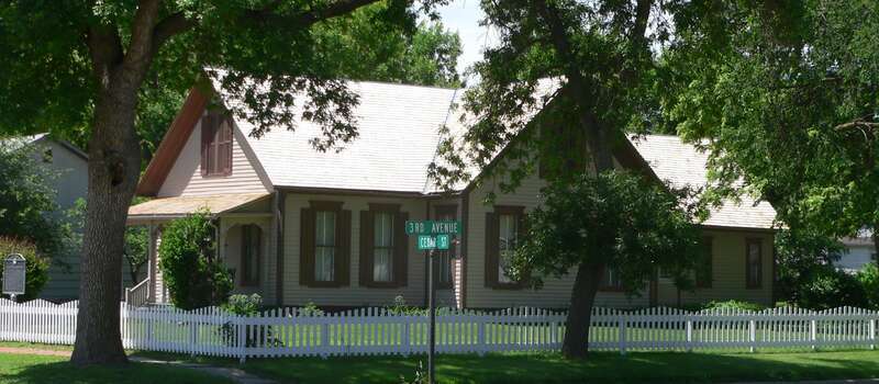 Willa Cather House on the southwest corner of 3rd Avenue and Cedar Street in Red Cloud, Nebraska; seen from the northeast.  Built ca. 1878, it was Cather's home from 1884 to 1890.  It is listed in the National Register of Historic Places.