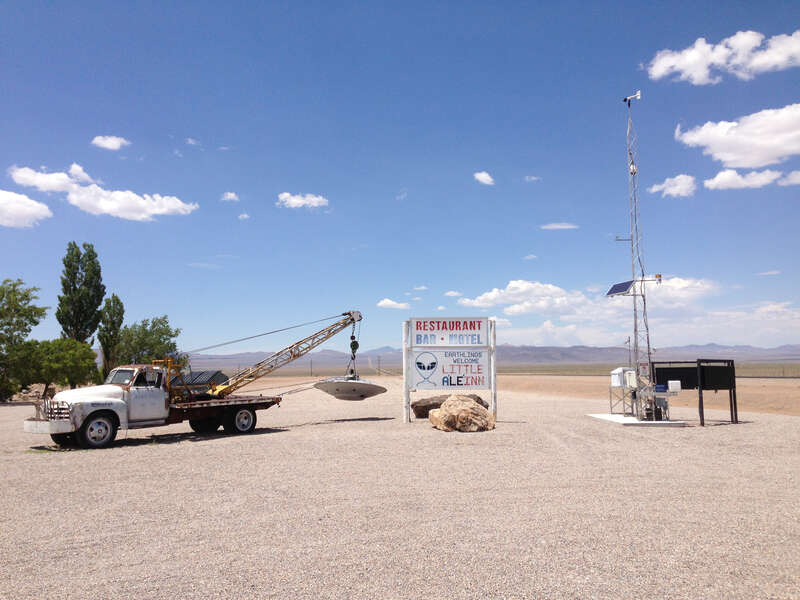 Display in front of the Little A'Le'Inn and a Community Environmental Monitoring Program weather station along Nevada State Route 375 in Rachel, Nevada