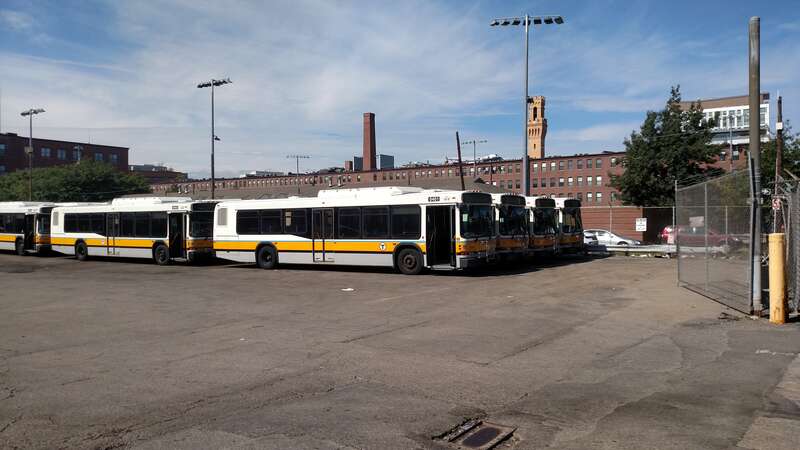 Buses at Albany Street Garage in August 2018