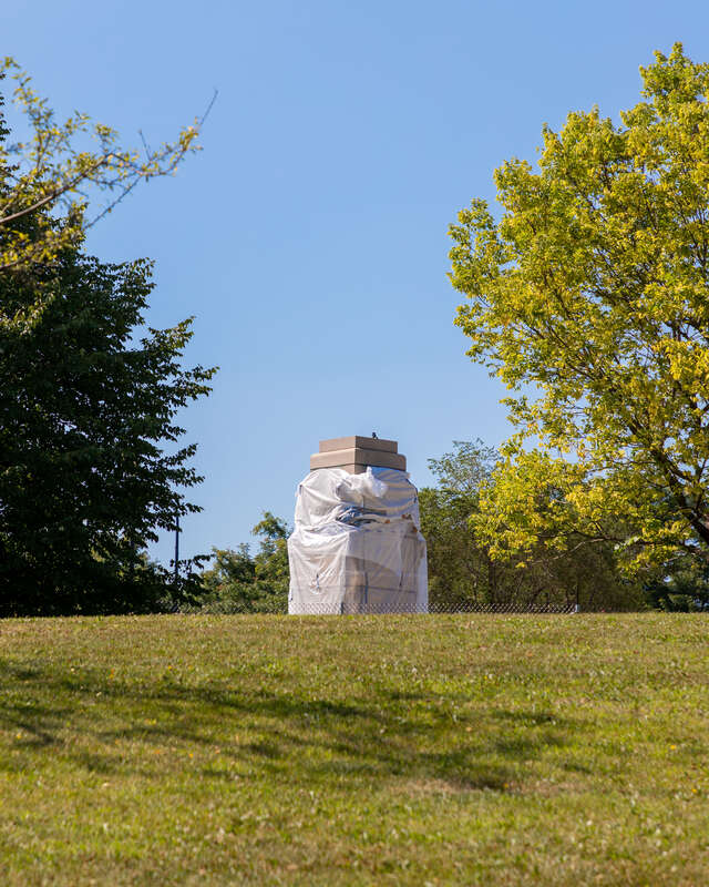 Base of statue of Christopher Columbus by Carlo Brioschi (1879-1941) in Grant Park, after removal on July 24, 2020. Grant Park, Chicago, Illinois.