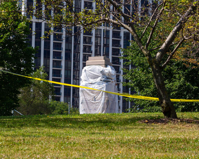 Base of statue of Christopher Columbus by Carlo Brioschi (1879-1941) in Grant Park, after removal on July 24, 2020. Grant Park, Chicago, Illinois.