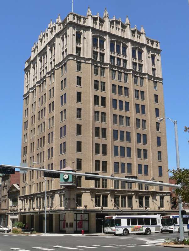 Federal Trust Building, located at 134 S. 13th Street (northeast corner of 13th and N) in Lincoln, Nebraska; seen from the southwest.  The bus in the photo is westbound on N.