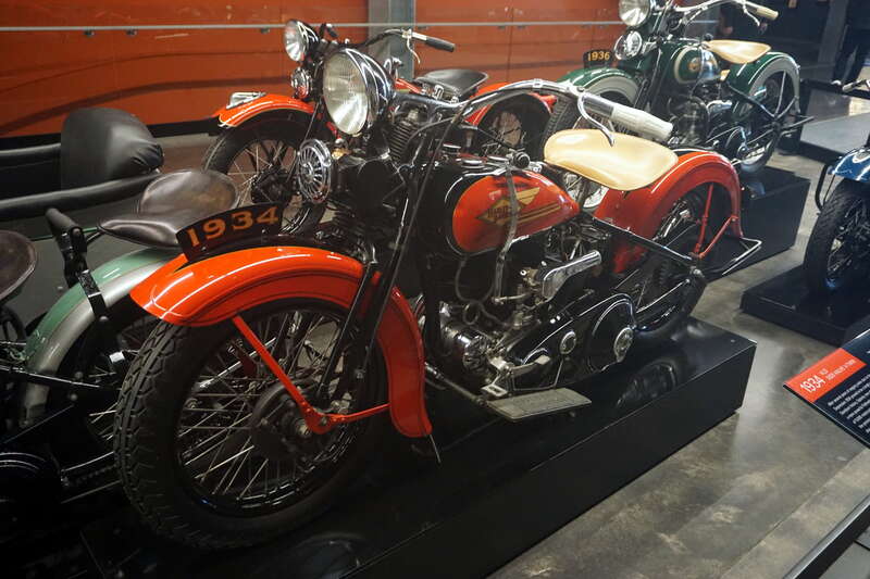 A 1934 Harley-Davidson VLD (with a Side-Valve V-Twin engine) at the Harley-Davidson Museum in Milwaukee, Wisconsin (United States).