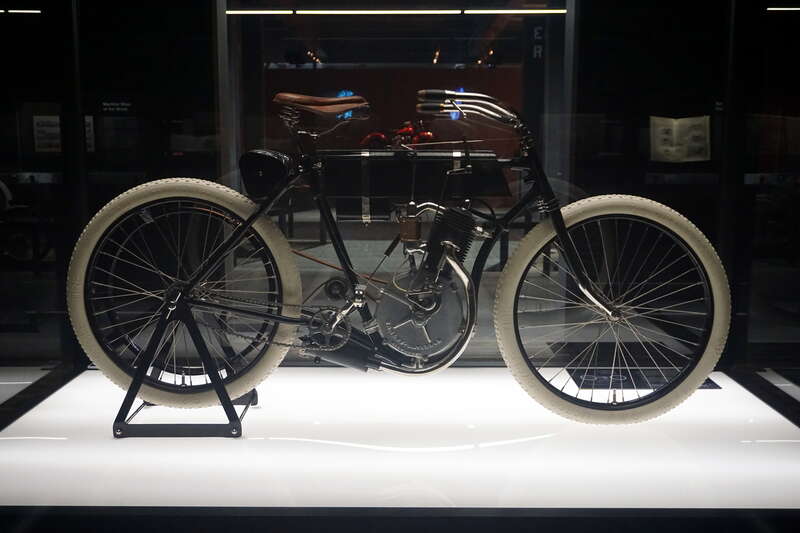 The circa-1903 Harley-Davidson &quot;Serial Number One&quot; (with an Atmospheric-Valve Single engine) at the Harley-Davidson Museum in Milwaukee, Wisconsin (United States).