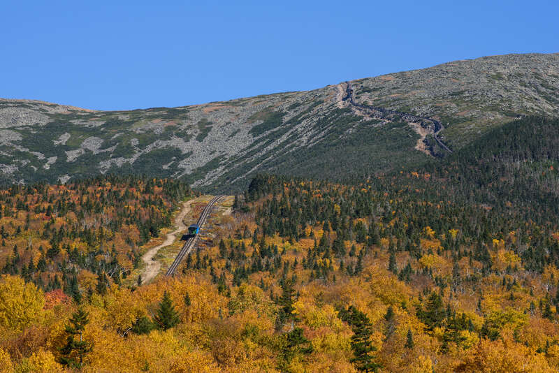 Bottom to top: M-1 Wajo Nanatassis (ascending), No. 2 Ammonoosuc (descending), Mount Washington Cog Railway, New Hampshire.