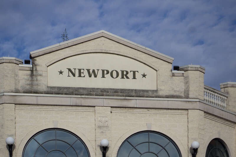 A building in the Newport on the Levee shopping complex that contains elevators and stairs down to the parking levels. Also in the building is a Coldstone Creamery. Stairs wrap around the building heading up to the main level.
