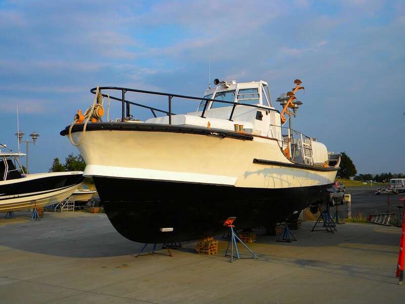 An old Coast Guard Patrol boat in drydock at the Delaware Seashore State Park Marina.