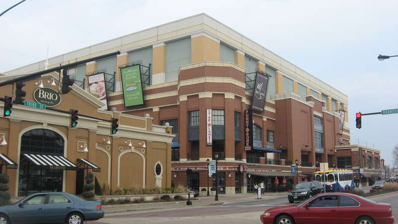 Some of the buildings in the Newport on the Levee complex, located on the northern side of Third Street (U.S. Route 27/Kentucky Route 8) at the Monmouth Street junction in downtown Newport, Kentucky, United States.  This site was once the location of