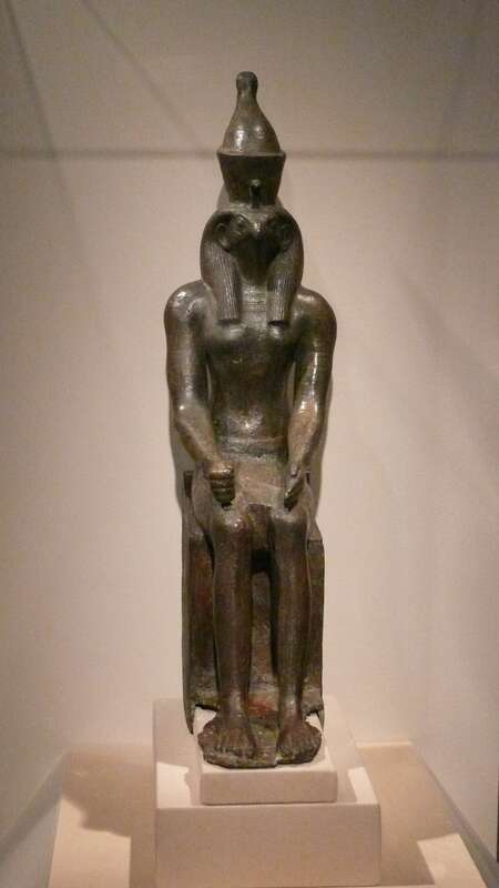Falcon headed statuette wearing the crown of Upper and Lower Egypt, probably Horus, the incarnation of the living king.
