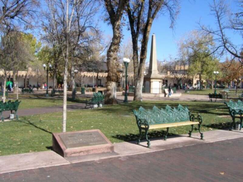 Santa Fe Plaza is the center of town with the Palace of the Governors on the north side.