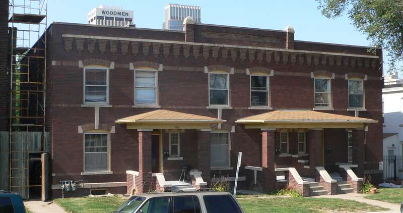 Steiner Rowhouse No. 2, located at 1906-1910 Jones Street in Omaha, Nebraska; seen from the southwest.