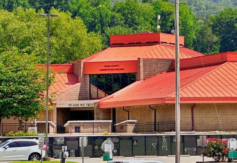 The modern Swain County, N.C., courthouse and administrative building in Bryson City.