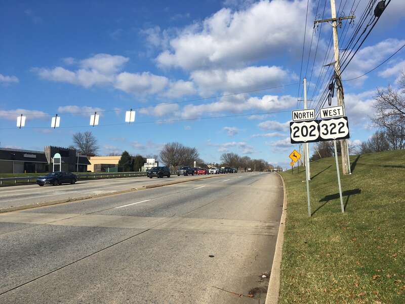 Northbound U.S. Route 202/westbound U.S. Route 322 (Wilmington-West Chester Pike) past the intersection with U.S. Route 1 (Baltimore Pike) in Painters Crossing, Pennsylvania